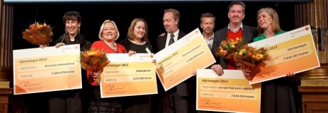 Patrik Nilsson på Sveriges Ingenjörer (tvåa från höger på bilden) tog emot en check på 2 018 204 kronor från Swedbank Robur.