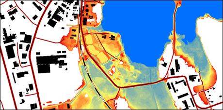 oversvamning_malaren Med hjälp av laserscanning har man tagit fram detaljerade kartor som visar hur vattnet från Mälaren skulle sprida sig vid en översvämning. Färgerna markerar tiocentimetersintervall från dagens höjd upp till 2,2 meter högre vattenstånd, den fysiska gräns som finns för en översvämning av Mälaren. Samma teknik som använts här, används också för en detaljerad höjdmätning av hela landet som ska vara klar inom några år. Foto: MSB.