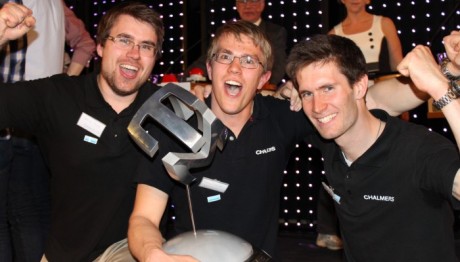 vinnare teknik-sm 2012 Vinnarna i Teknik-SM 2012: Henrik Fridén, Hans Lämås och Johan Nohlert från Chalmers. Foto: Jonna Lahdensou.