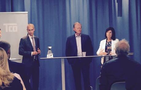 Oscar Stenström, statssekreterare hos EU- och handelsminister Ann Linde, Svenskt Näringslivs ordförande Leif Östling och Eva Nordmark, ordförande TCO